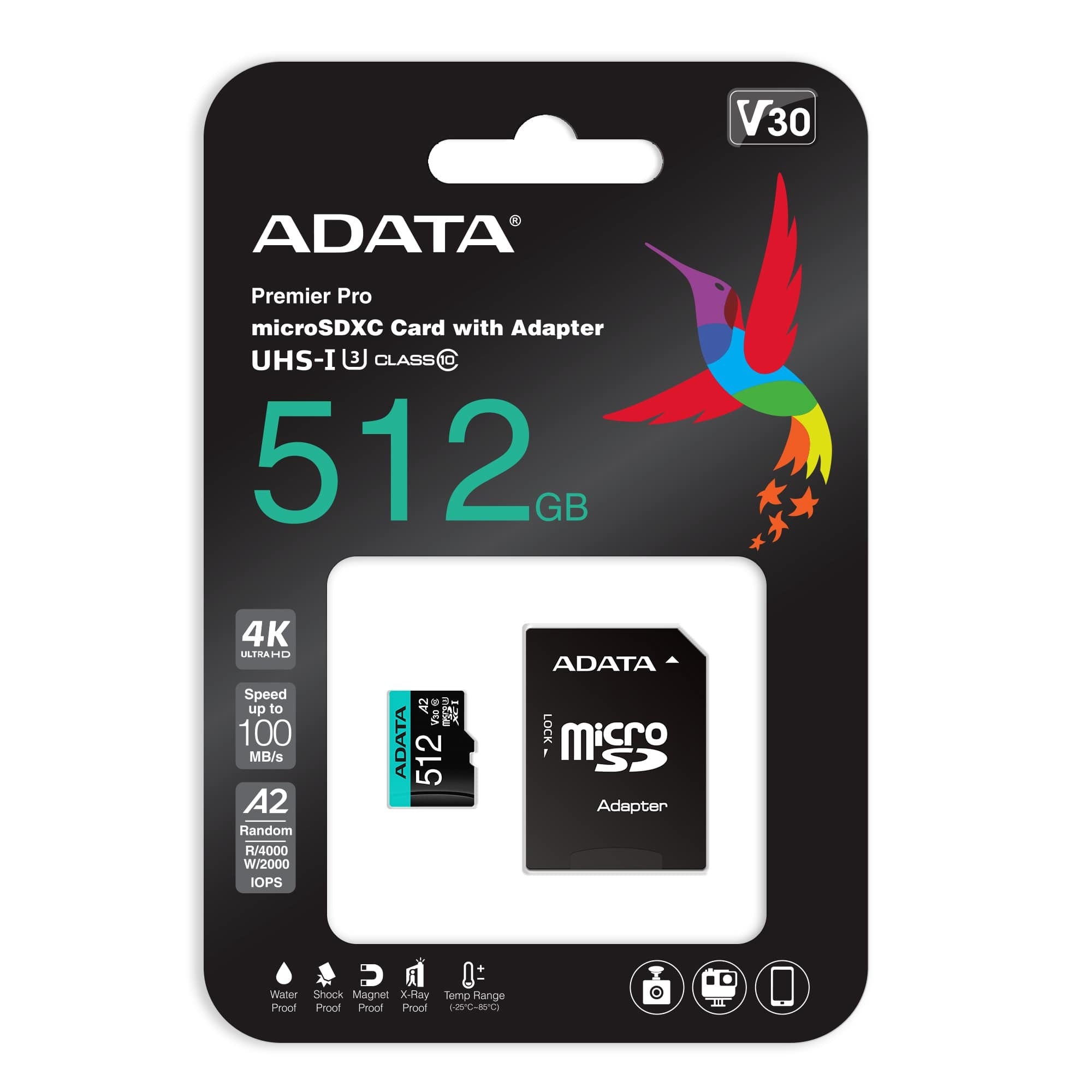 Micro Secure Digital A2 (V30) Adata Premier Pro 512 Gb 100 Mb/S 85 Negro/Verde Clase