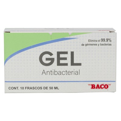 Gel Antibacterial Baco Gl-001 Gl-001. Alcohol 70%. Plegadiza Con 10 Frascos De 50 Ml.