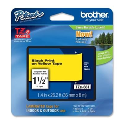 Cinta Laminada Brother Tze661 Etiqueta Amarilla Continua De 36 Mm Ancho X 8 Mts Largo. Impresión En Negro.