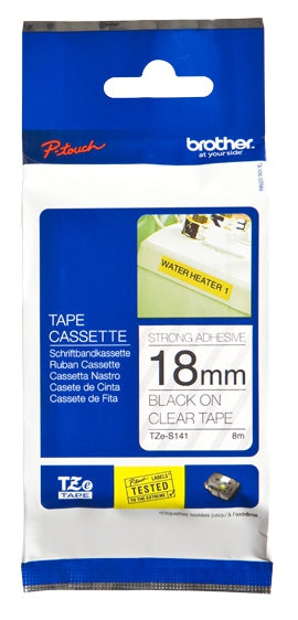 Cinta Brother Tzes141 Etiqueta Clara Continua Laminada Adhesivo Super Resistente De 18 Mm Ancho X Mts Largo. Impresión En Negro.