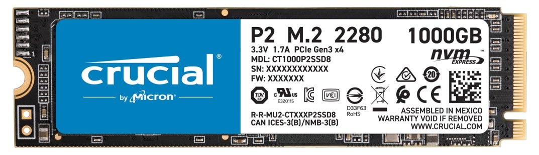 Unidad De Estado Solido Ssd Crucial P2 Nvme M.2 2280 1Tb Pcie Gen 3X4 3Dnand Lect.2400/ Escr.1800 Mb/S