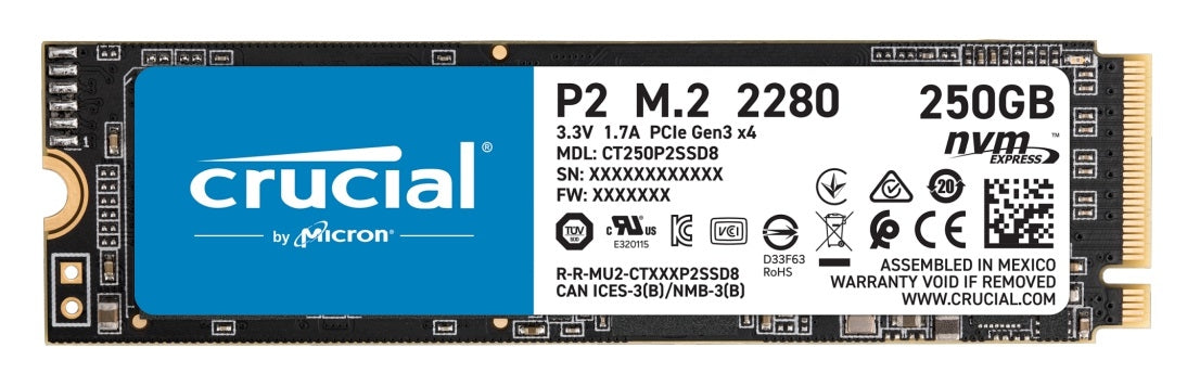 Unidad De Estado Solido Ssd Crucial P2 Nvme M.2 2280 250Gb Pcie Gen 3X4 3Dnand Lect.2100/ Escr. 1150 Mb/S