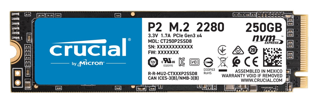 Unidad De Estado Solido Ssd Crucial P2 Nvme M.2 2280 250Gb Pcie Gen 3X4 3Dnand Lect.2100/ Escr. 1150 Mb/S