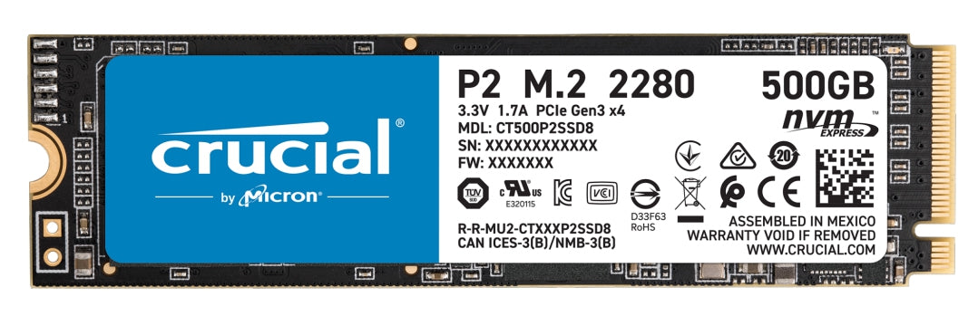 Unidad De Estado Solido Ssd Crucial P2 Nvme M.2 2280 500Gb Pcie Gen 3X4 3Dnand Lect.2300/ Escr. 940 Mb/S