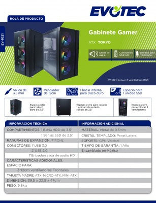 Gabinete Gaming Evotec Ev-1021 Tokyo 3 Ventiladores Incluidos Usb 3.0