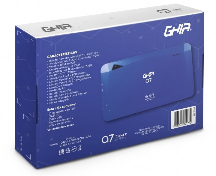 Tablet Ghia 7 A7 Wifi/A133 Quadcore /2Gb Ram/16Gb /2Cam/Wifi/Bluetooth/2100Mah/Android 11 /Azul