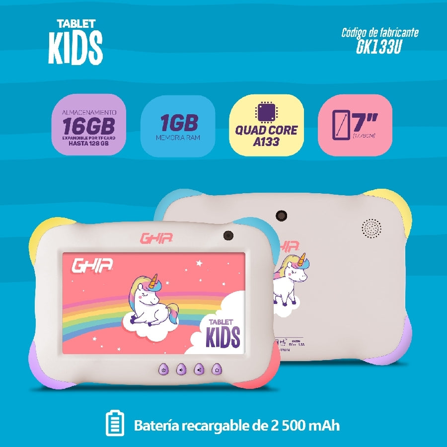 Tablet Ghia 7 Kids/A133 Quadcore/1Gb Ram/16Gb /2Cam/Wifi/Bluetooth/2500Mah/Android 11 Go /Violeta