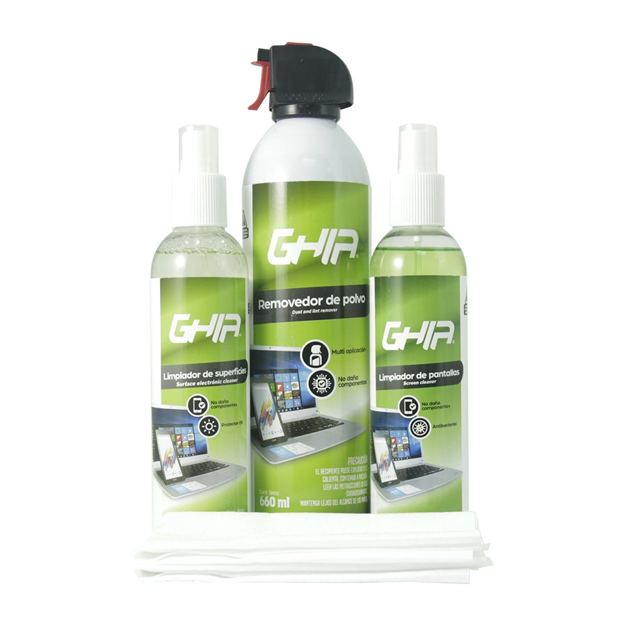 Kit De Limpieza Deluxe Ghia, Contiene Removedor De Polvo 660Ml, Locion Limpiadora 250Ml, Limpiador De Pantallas 250Ml Y 2 Microfibras