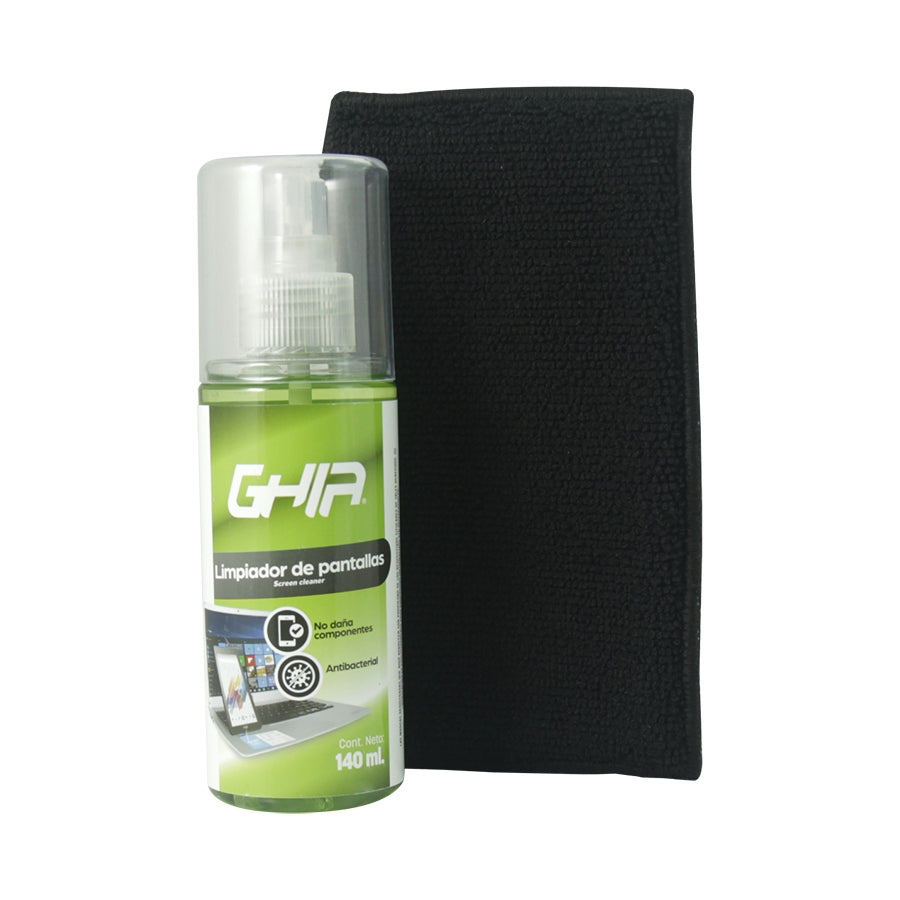 Kit De Limpieza Para Pantallas Ghia, Incluye Toalla Tipo Esponja Y Liquido Limpiador 140Ml Antibacterial