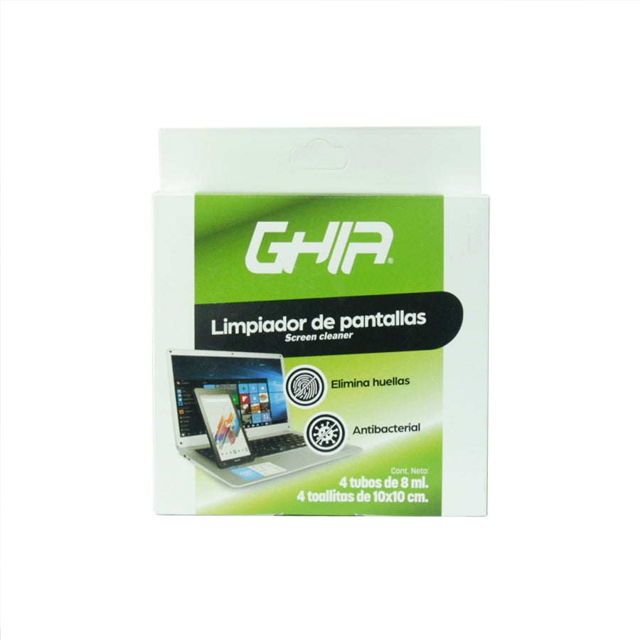 Kit De Limpieza Portatil Ghia Con 4 Sprays 8Ml Y 4 Microfibras, Para Pantallas Y Dispositivos, Antibacterial