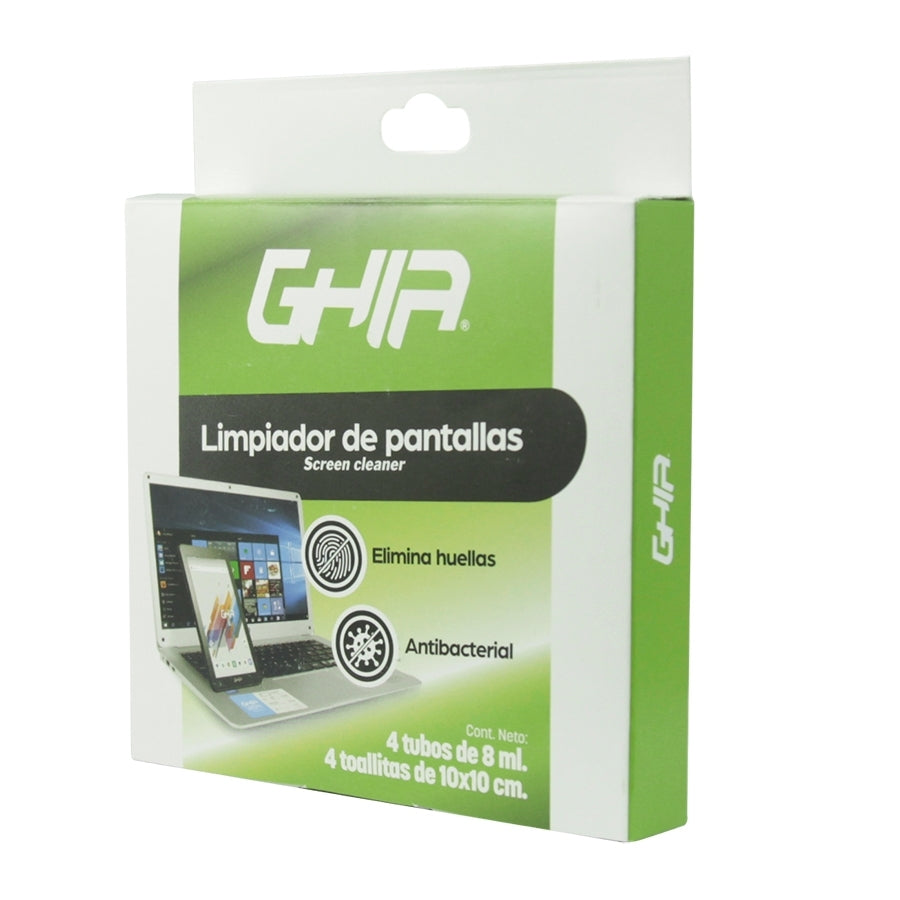 Kit De Limpieza Portatil Ghia Con 4 Sprays 8Ml Y 4 Microfibras, Para Pantallas Y Dispositivos, Antibacterial