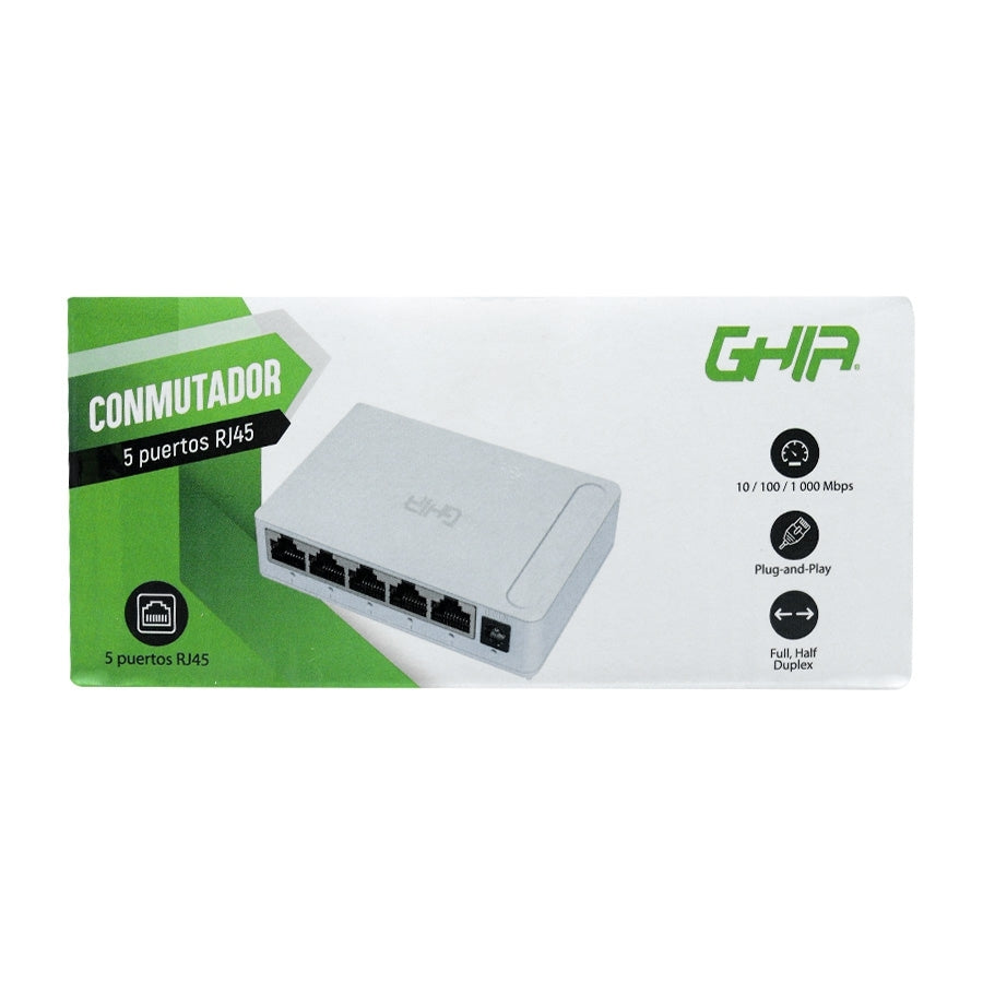 Switch Ghia 5 Puertos Rj45 10/100/1000 Mbps No Administrable Auto Mdi/Mdix Half Full Duplex // Gigabit