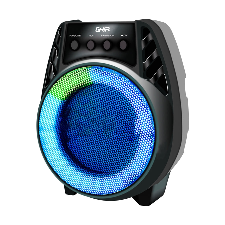 Bafle Ghia Amplificado Portatil Recargable Bocina 4 Pulg /Bt/Tws/ Fm/ Usb/Aux In/ Mic In/Luces Led