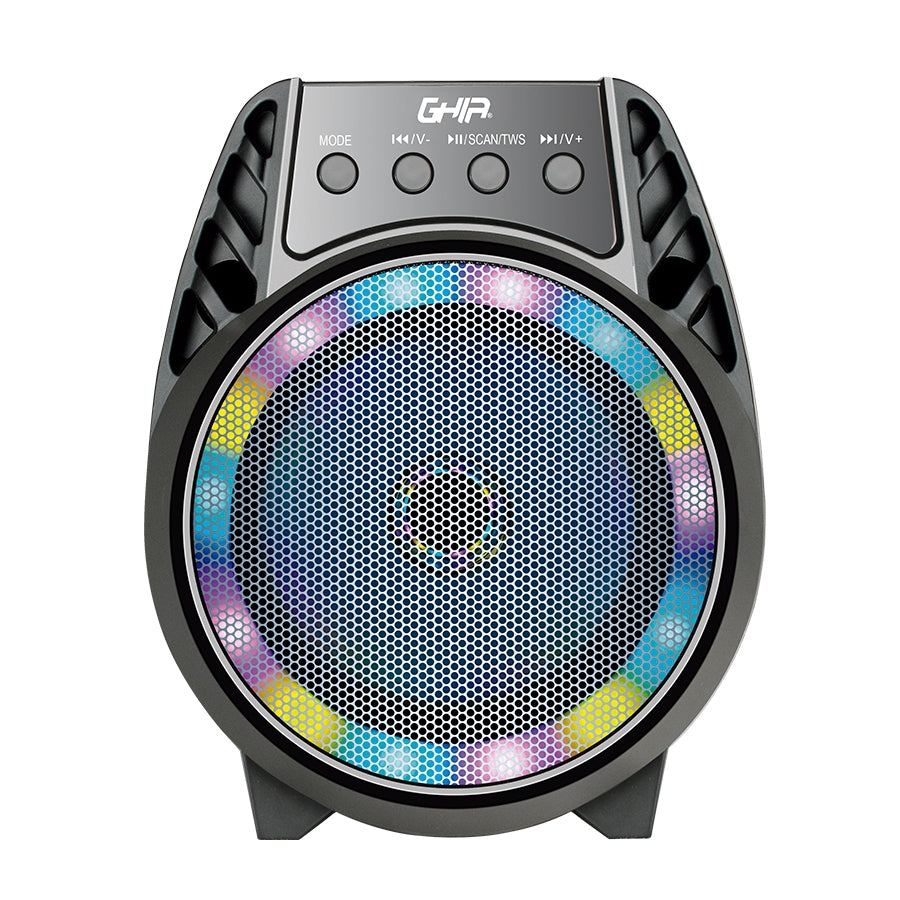 Bafle Ghia Amplificado Portatil Recargable Bocina 4 Pulg /Bt/Tws/ Fm/ Usb/Aux In/ Mic In/Luces Led