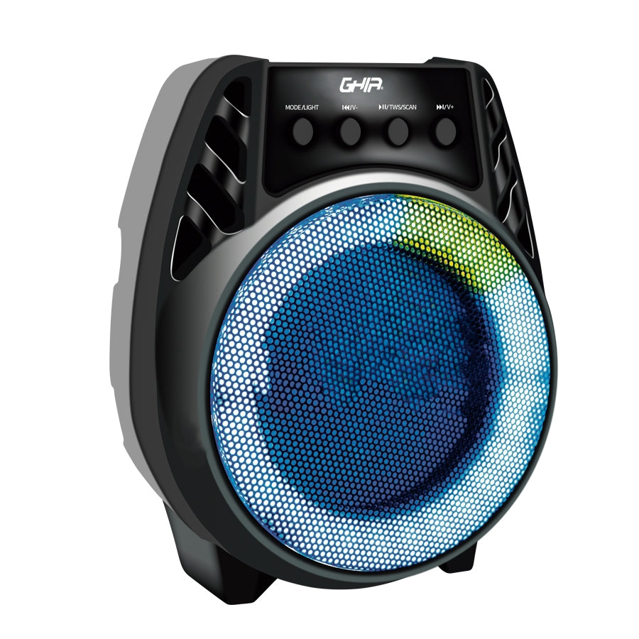 Bafle Ghia Amplificado Portatil Recargable Bocina 4 Pulg /Bt/Tws/ Fm/ Usb/Aux In/ Mic In/Luces Led