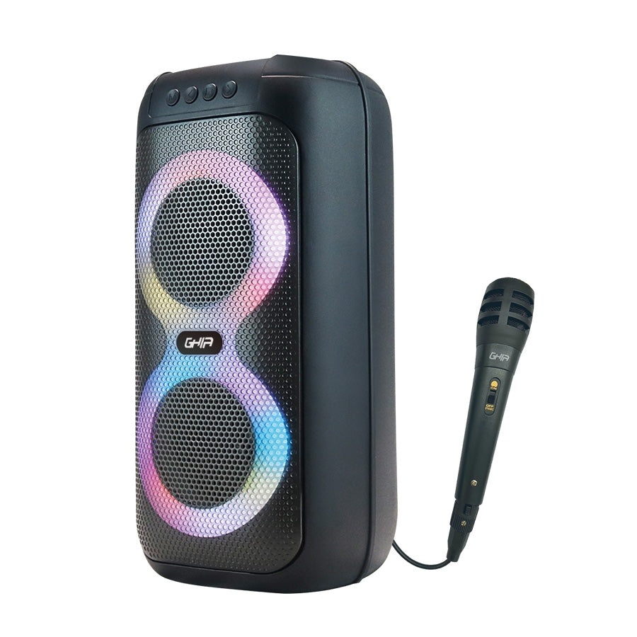 Bafle Ghia Amplificado Doble Bocina 4 Pulg Recargable /Bt/Tws/Usb/Mic/Fm/Luz Led Secuencial