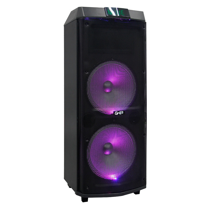 Bafle Amplificado Recargable Bocina Profesional Doble De 12 Pulg 24000W Pmpo Portatil Con Ruedas, Cajn De Madera Bt/ Usb/ Micro Sd/Aux/ Luces Led/ Batera/ App