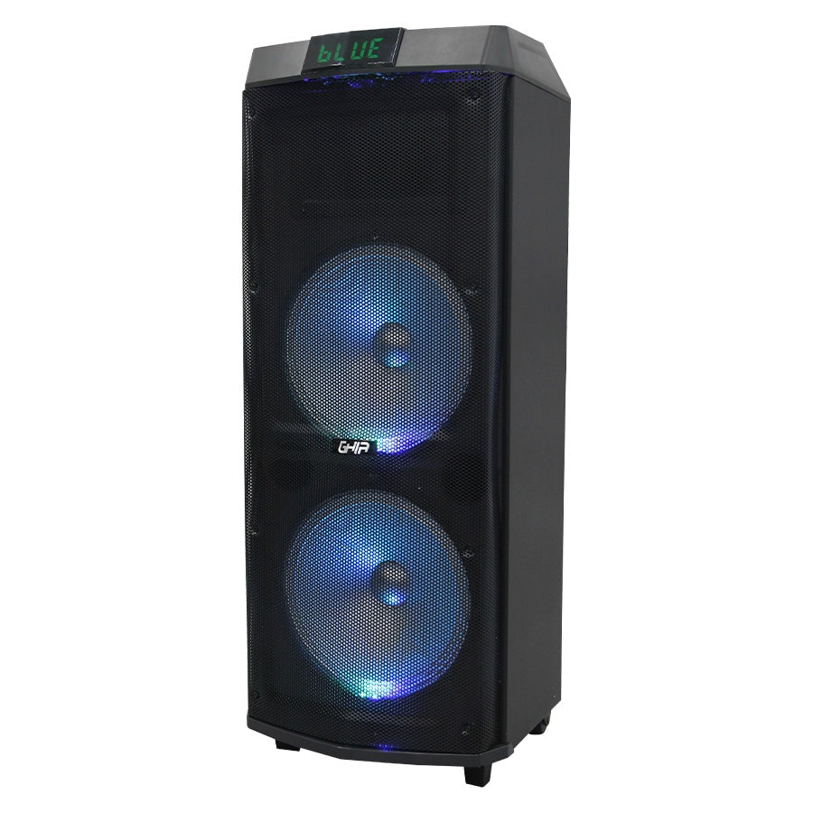 Bafle Amplificado Recargable Bocina Profesional Doble De 12 Pulg 24000W Pmpo Portatil Con Ruedas, Cajn De Madera Bt/ Usb/ Micro Sd/Aux/ Luces Led/ Batera/ App