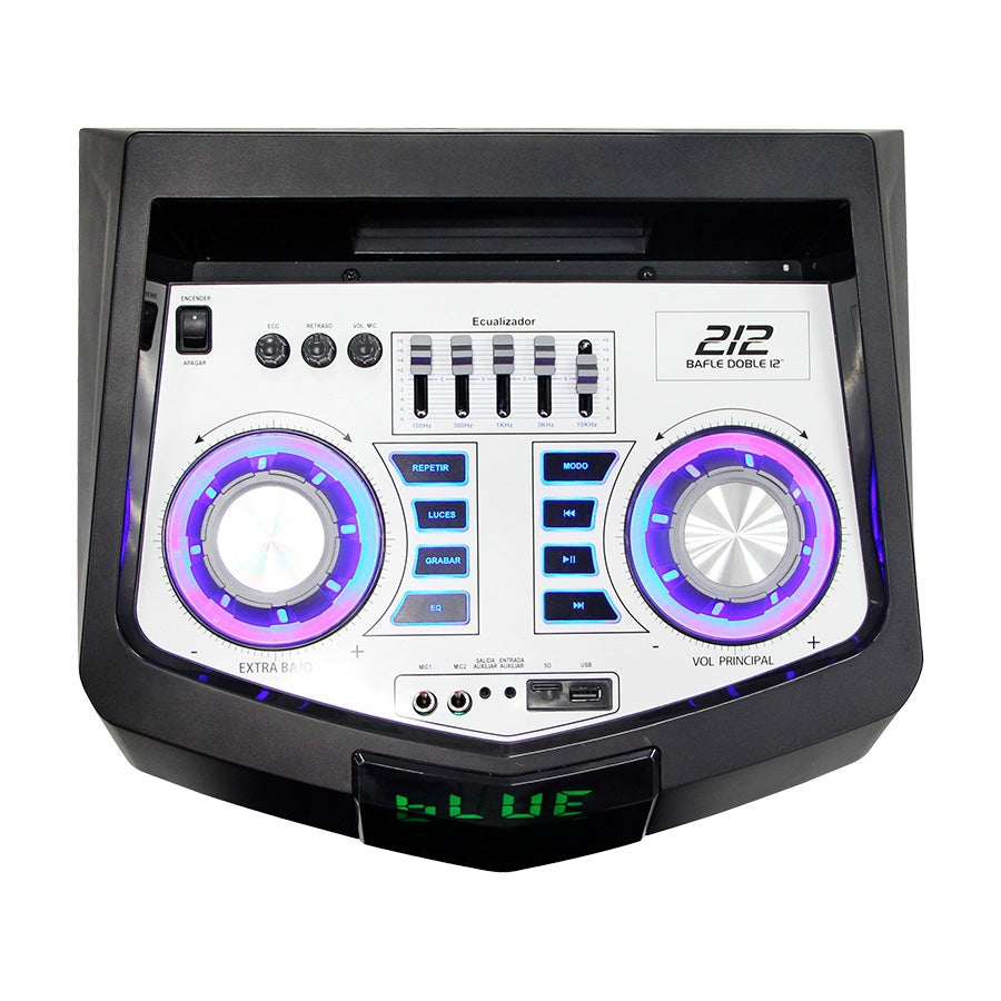 Bafle Amplificado Recargable Bocina Profesional Doble De 12 Pulg 24000W Pmpo Portatil Con Ruedas, Cajn De Madera Bt/ Usb/ Micro Sd/Aux/ Luces Led/ Batera/ App