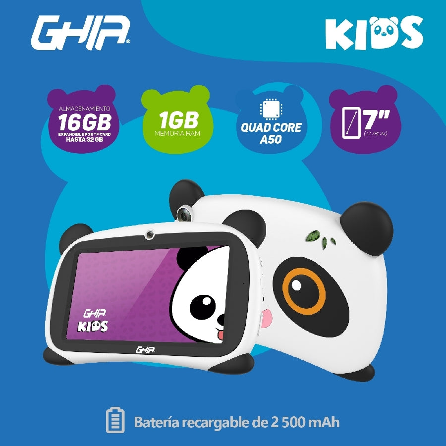 Tablet Ghia Panda 7 Pulgadas/A50 Quadcore/1Gb/16Gb/2Cam/Wifi/Bluetooth/2500Mah/Android 9 Go Edition / Ojos Cafes