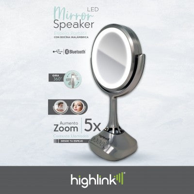 Espejo Led Con Bocina Highlink 7500462951559 Mirror Speaker Iluminación Circular Normal Y Aumento X5