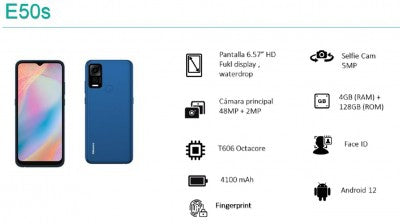 Celular Hisense E50S Telefono 6.57 Pulgadas Hd-Wd Fulk Display Dual Sim Android T606 Octacore/4Gb+128Gb Cam48+2Mp/Selfie 5Mp Fingerprint/Face Id
