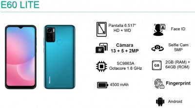 Celular Hisense E60L Telefono 6.51 Pulgadas Hd+Wd Dual Sim Android 11 Sc9863A Octacore 4G 2Gb+64Gb Camara 13+5+2Mp/Selfie5Mp Fingerprint/Face Id