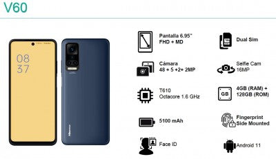 Celular Hisense V60 Telefono 6.95 Pulgadas Fhd+Md Dual Sim Android T610 Octacore 4G 4Gb+128Gb Camara 48+5+2+2Mp Selfie 5Mp Fingerprint Face Id