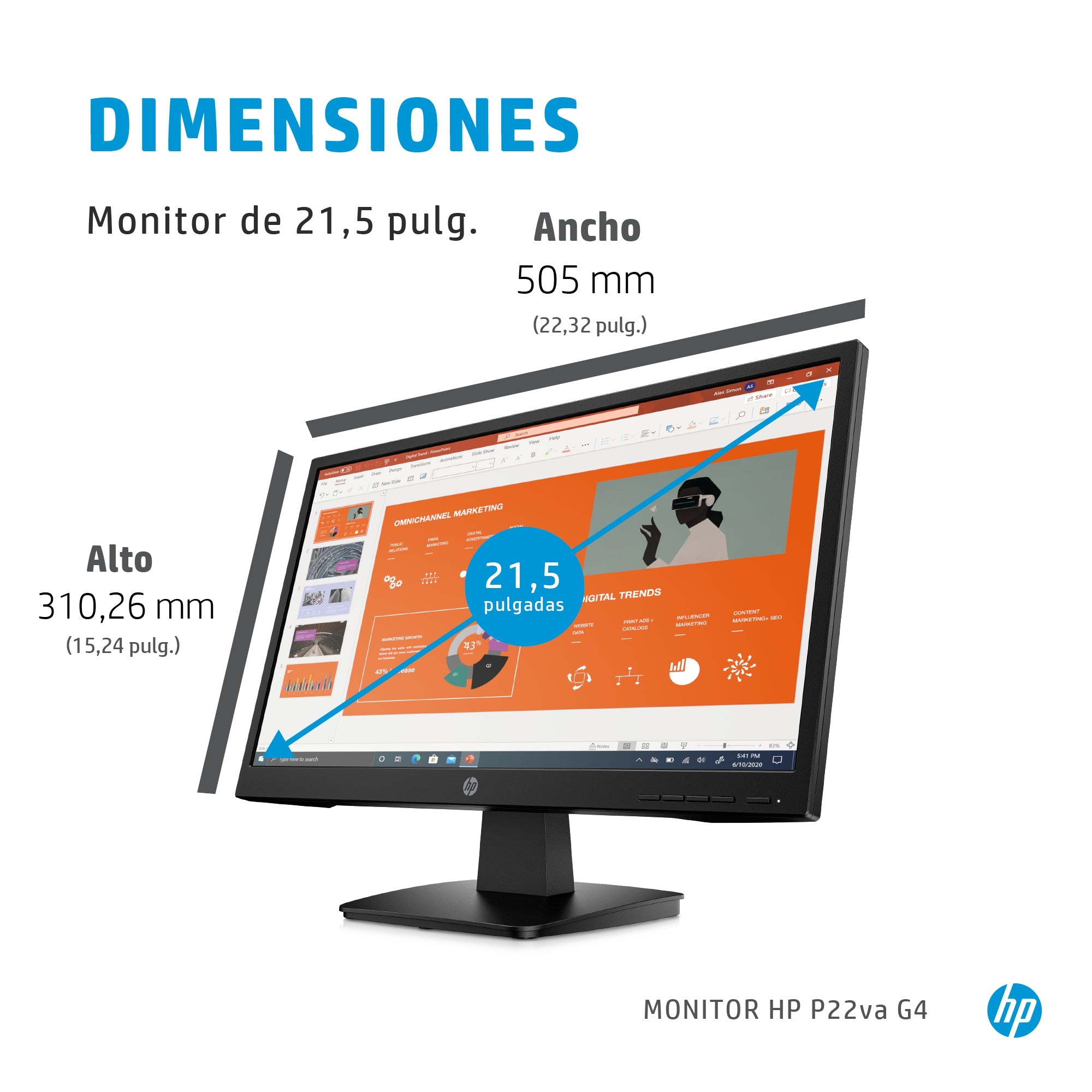 Monitor Led Hp P22Va 21.5 Pulgadas Fhd Resolucion 1920 X 1080/ Hdmi - Vga/ Vesa 100/ Cable Hdmi /3-3-0