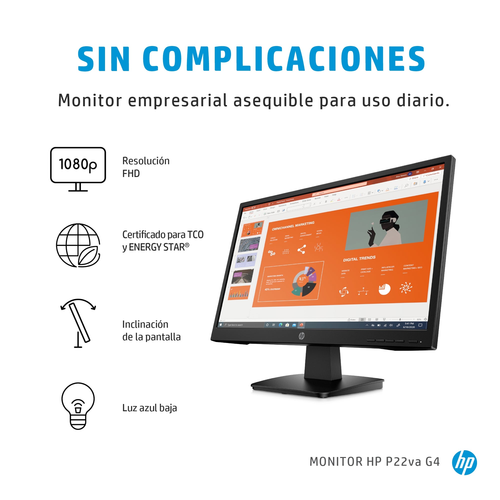 Monitor Led Hp P22Va 21.5 Pulgadas Fhd Resolucion 1920 X 1080/ Hdmi - Vga/ Vesa 100/ Cable Hdmi /3-3-0