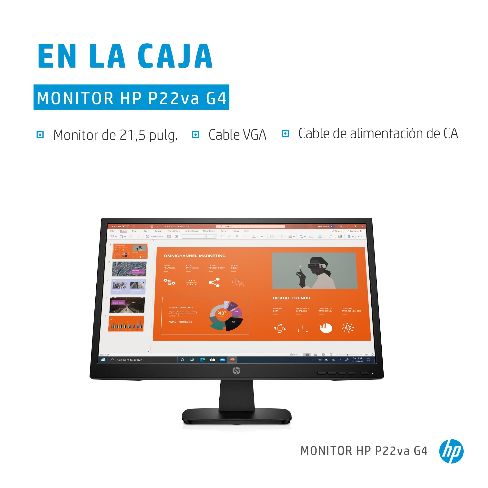 Monitor Led Hp P22Va 21.5 Pulgadas Fhd Resolucion 1920 X 1080/ Hdmi - Vga/ Vesa 100/ Cable Hdmi /3-3-0