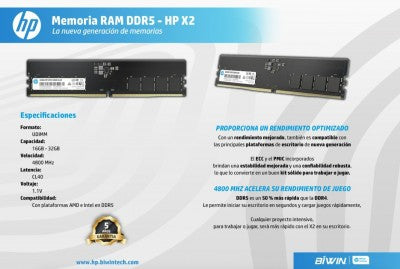 Memoria Ddr5 Hp 6G0Q5Aa#Abm Modelo X2 De 16Gb Udimm 4800 Mhz Cl40