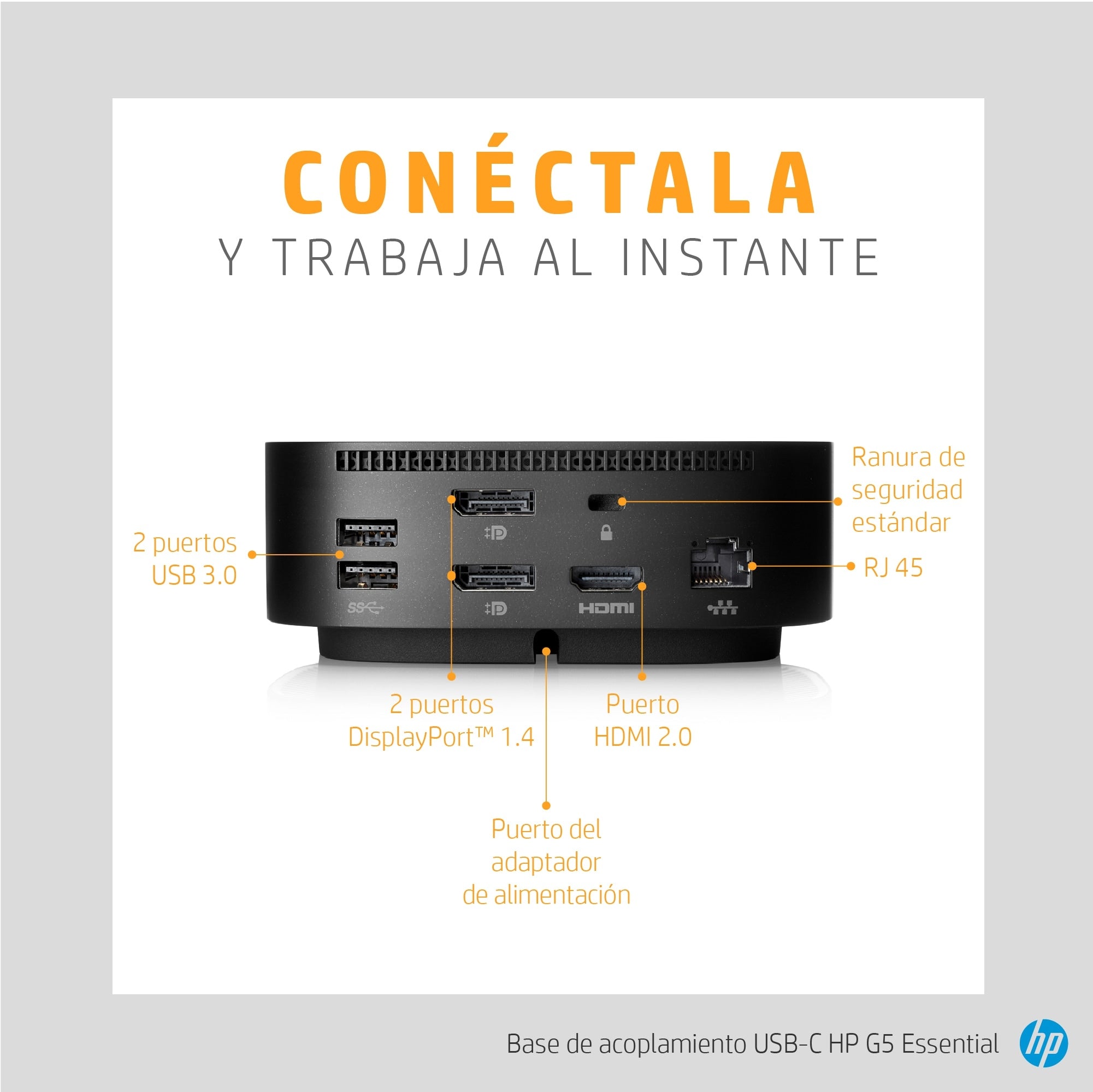 Docking Hp Usb-C G5 Essential Dock / Conexion Usb Tipo C / 2 Display Port/1 Rj45/1 Usb Tipo C/ 4 Usb 3.0/ 1 Hdmi 2.0/1 Clavija De Audio Combo/Carga Notebooks Hasta De 65W Por Usb-C