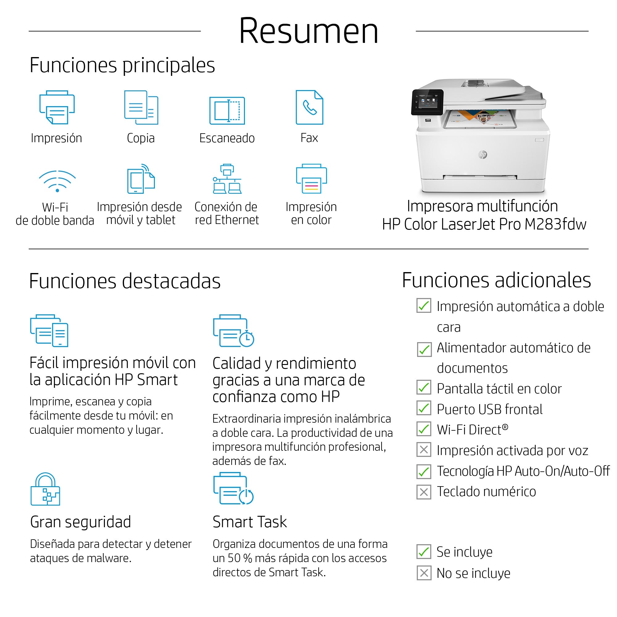 Multifuncional Hps Hp Pro Mfp M283Fdw, 22 Ppm Negro / 22 Ppm Color, Laserjet, Usb, Wifi, Red, Fax, Monocromatica