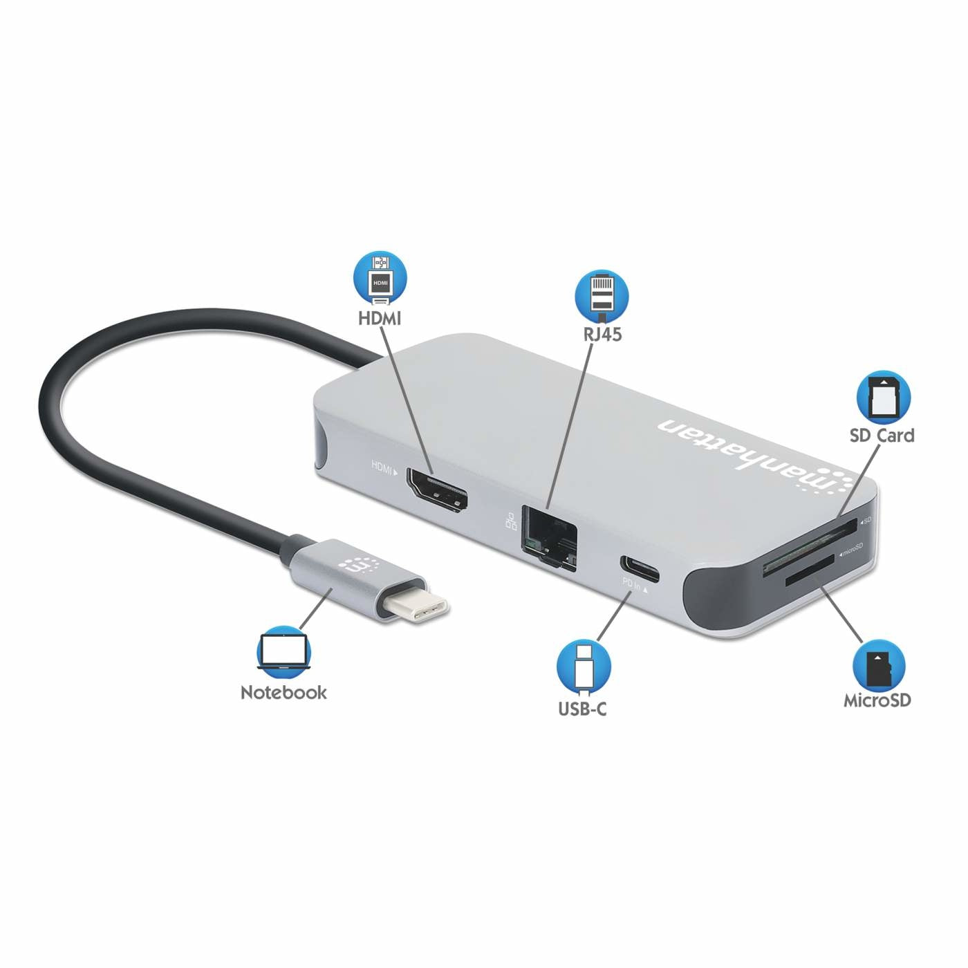 Docking Station Manhattan 130615 Para Conexión Usb-C 8 En Entrega De Energía Hasta 100W.