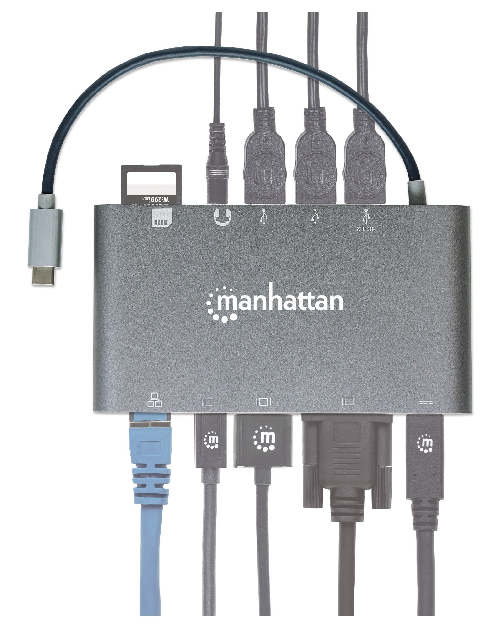 Estación Docking Usb-C Supervelocidad 7 En 1 Manhattan Gris Usb3.0/Hdmi/Vga Macho/Hembra