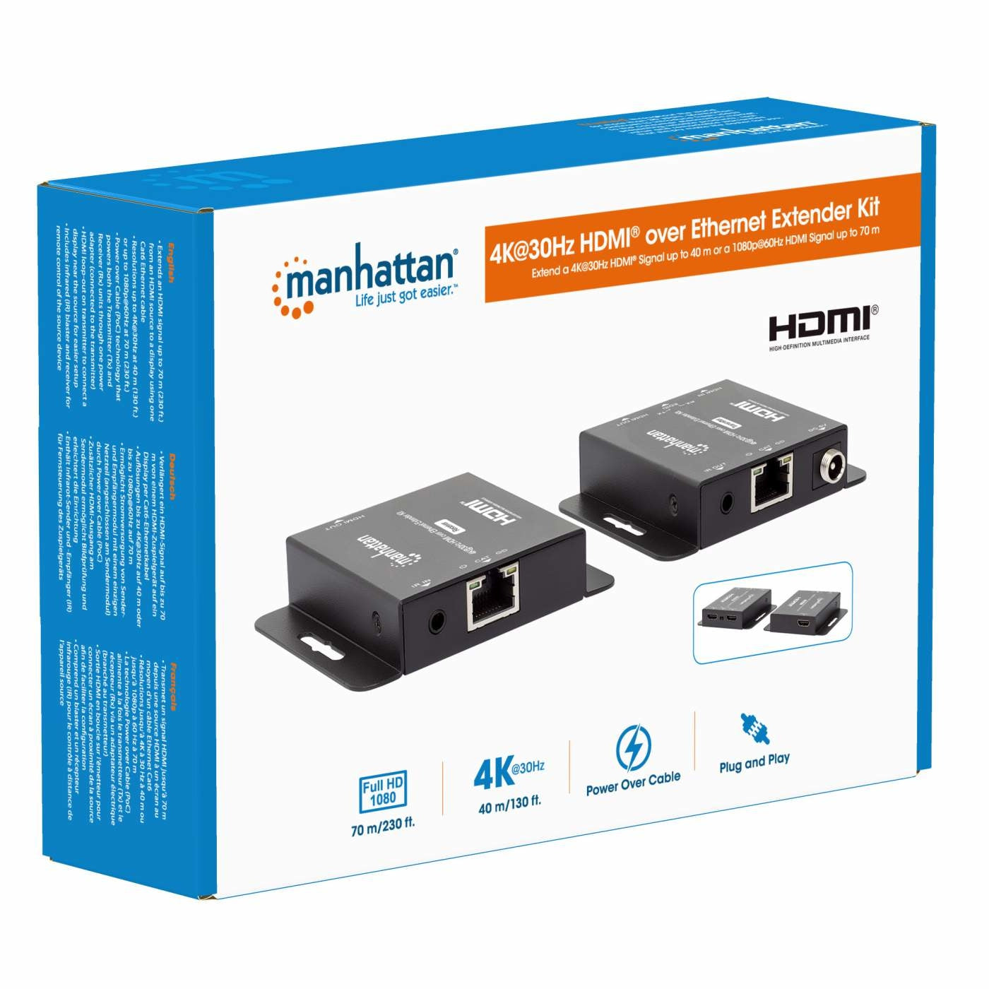 Kit Extensor De Hdmi Manhattan 168397 Sobre Ethernet 4K 30Hz Extiende Una Señal Hasta 70 Utilizando Cable Cat6