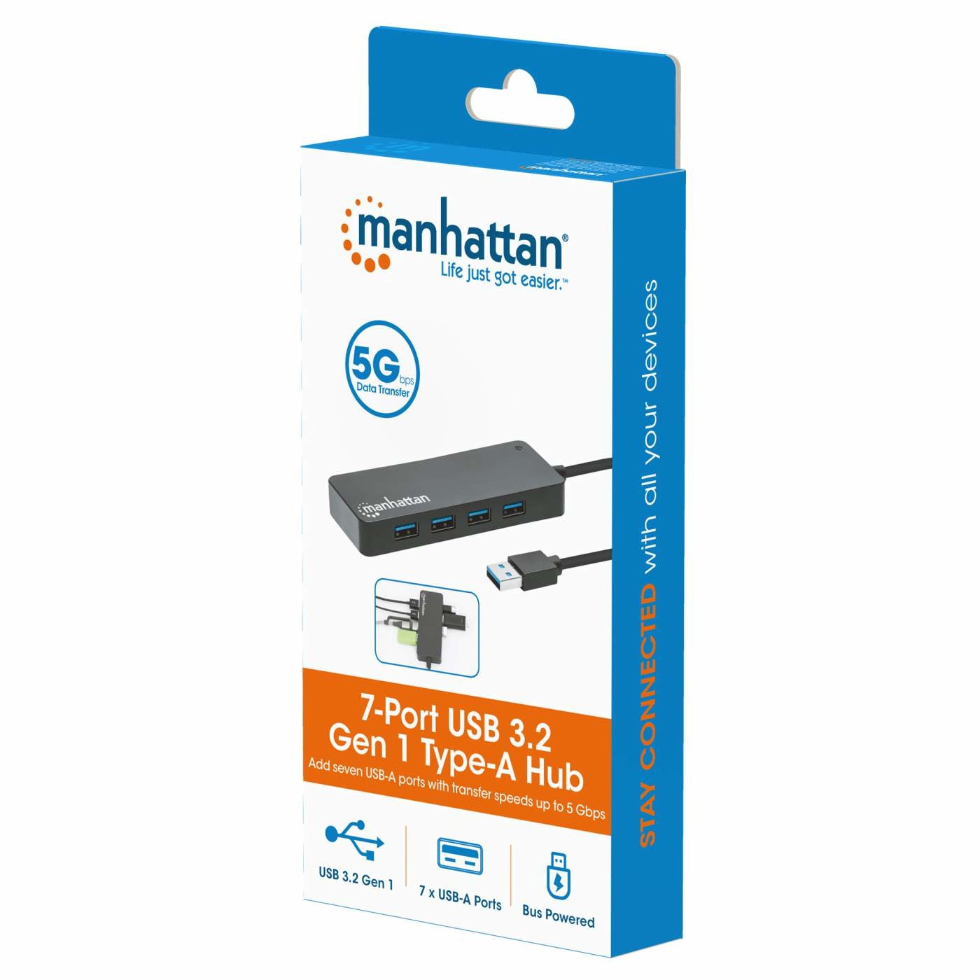 Hub Manhattan 168403 Usb-A Macho 7 Hembra De Alta Velocidad 5 Gbps Alimentado Por Bus Negro