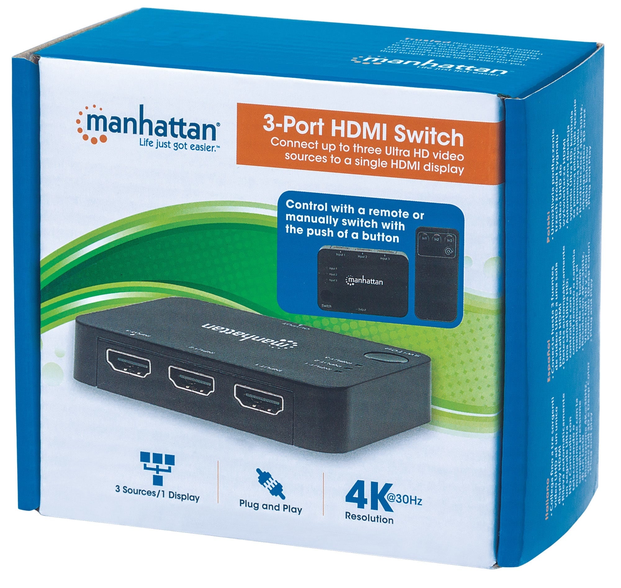 Switch Hdmi 3:1 Manhattan 207522 4K De Puertos 30Hz Control Remoto Alimentación Por Usb Conecta Hasta Fuentes Video Uhd Una Sola Pantalla Hdmi.