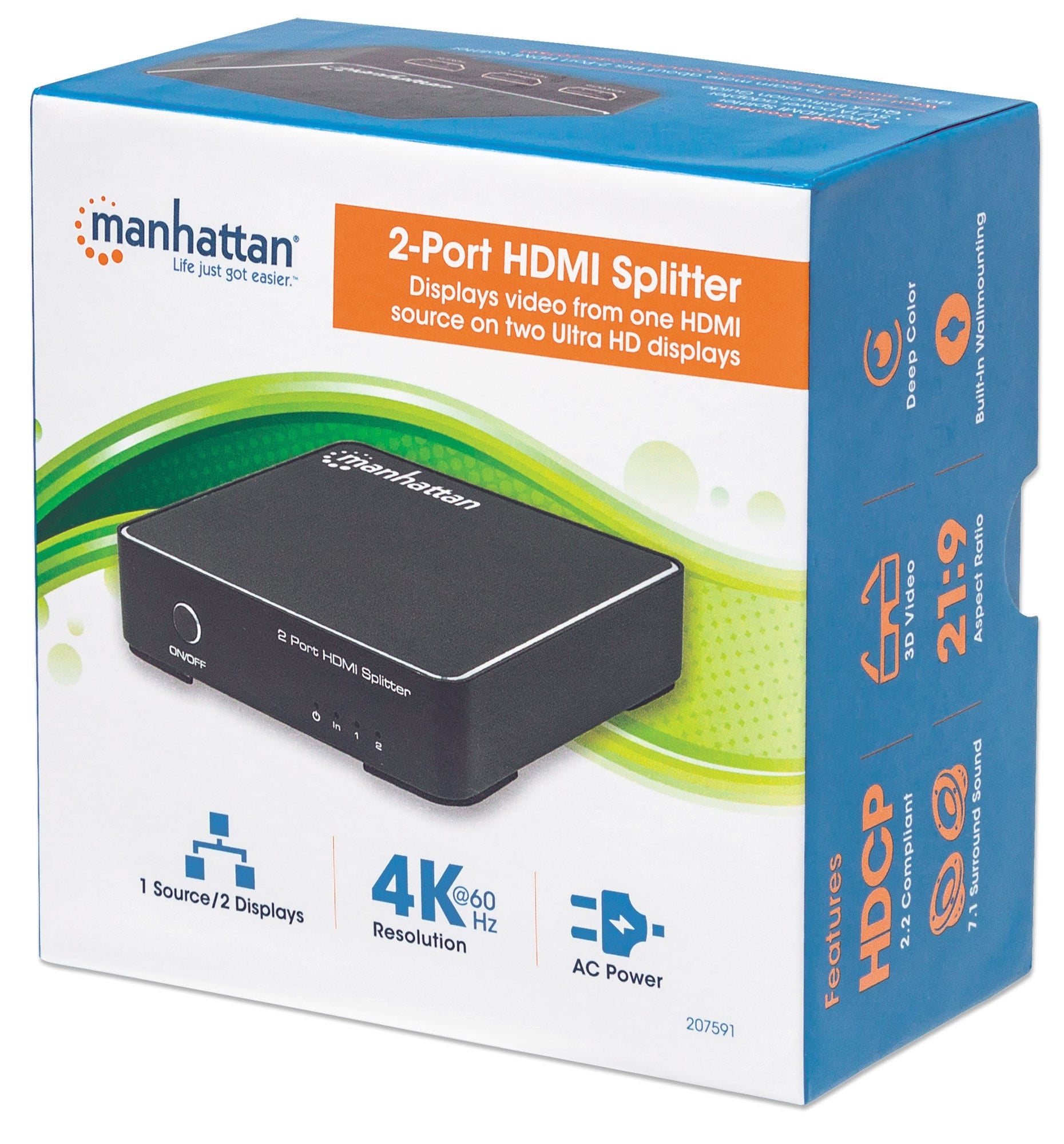 Splitter Hdmi 4K Manhattan De 2 Puertos Negro Hembra/Hembra