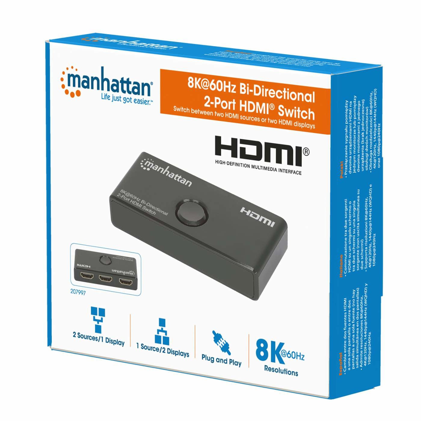 Switch Manhattan 207997 Hdmi Bidireccional Con Puertos 8K Cambia Entre Dos Entradas A Una Salida (2X1) O Salidas.