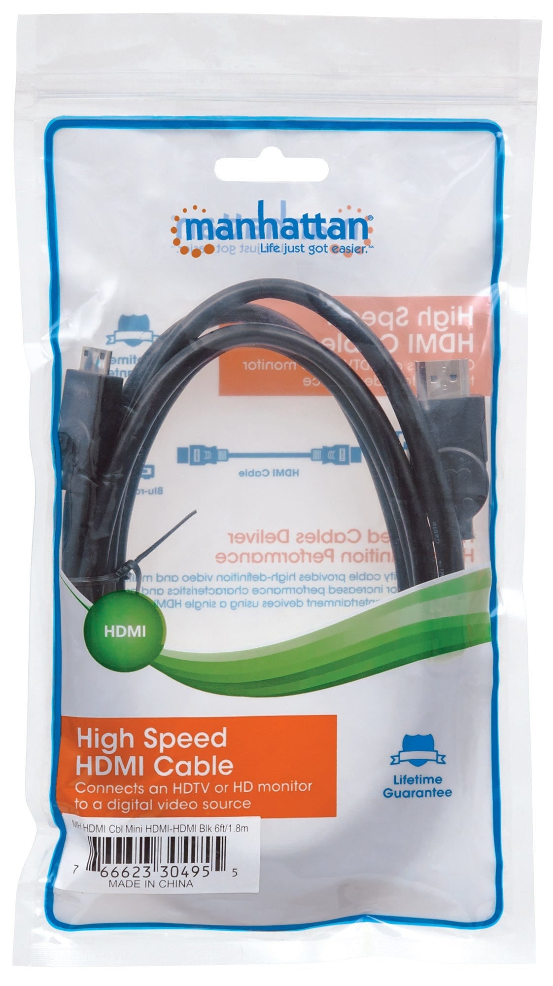 Cable Mini Hdmi Manhattan 304955 Macho A Blindado Negro1.8 Mts Soporta Una Resolución De 4K Video En 3D Y Color Intenso.