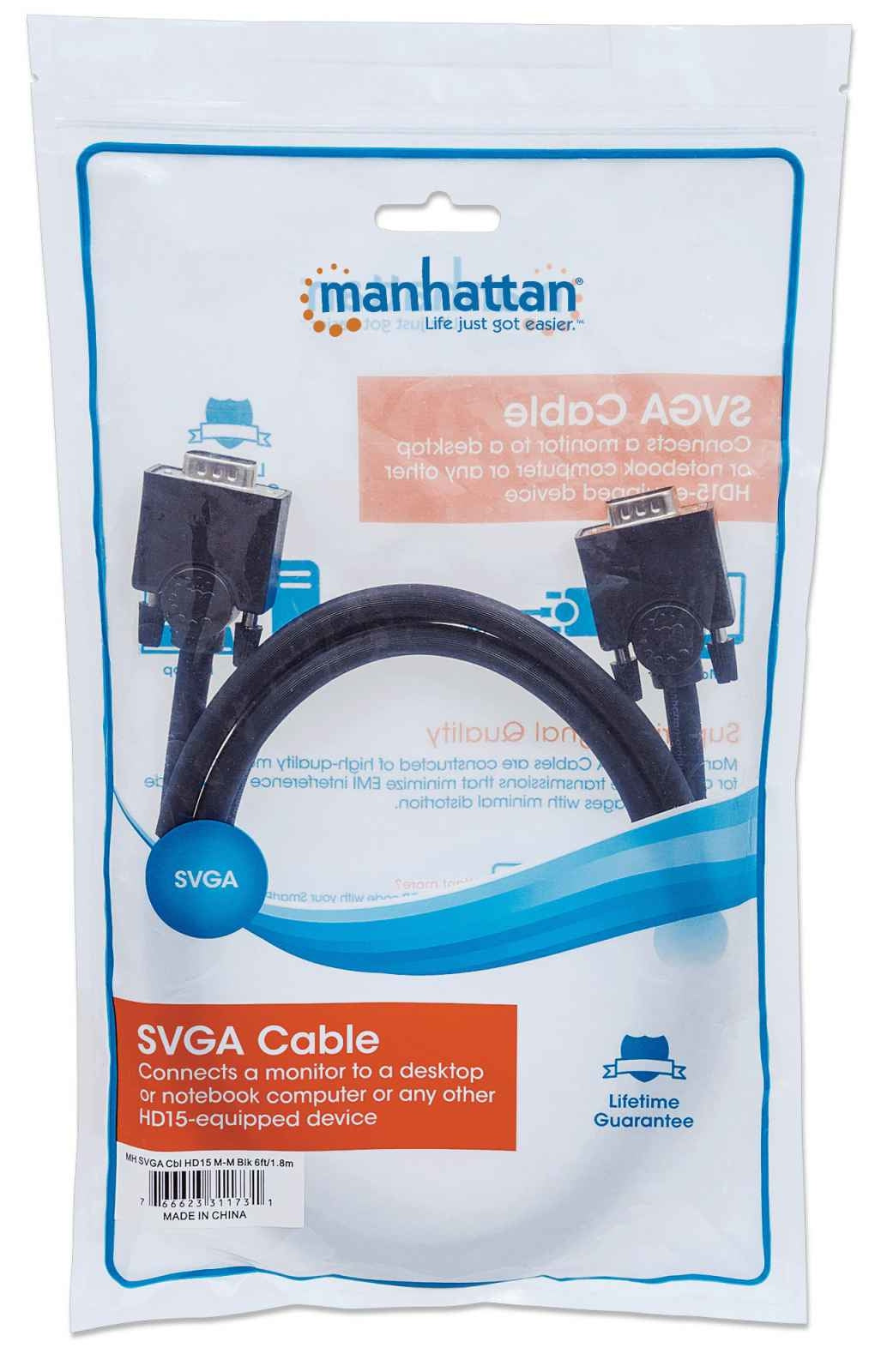 Cable Vga Manhattan 311731 Svga Hd15 Macho A De 1.8M Color Negro Completamente Blindado Para Reducir La Interferencia Emi.