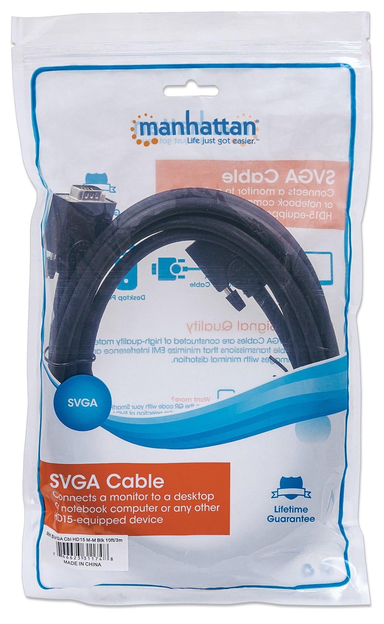 Cable Vga Manhattan 311748 Svga Hd15 Macho A De 3.0M Color Negro Completamente Blindado Para Reducir La Interferencia Emi.