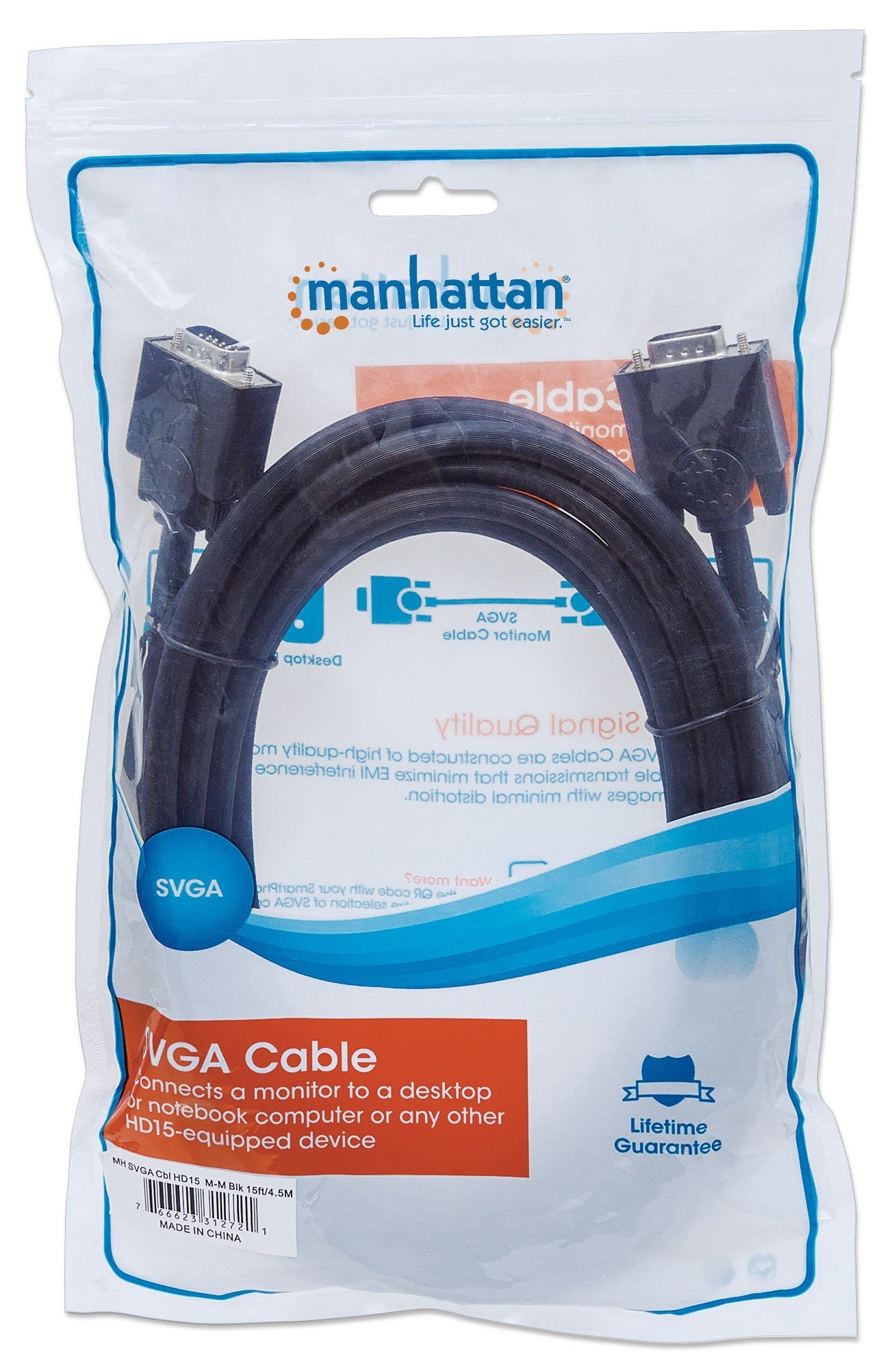 Cable Vga Manhattan 312721 Para Monitor Svga Hd 15 Macho A Macholongitud 4.5 Color Negro.