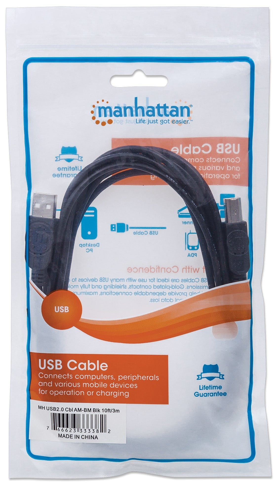Cable Usb Manhattan 333382 Para Impresora 2.0 De A Macho/ Usb-B Color Negro.