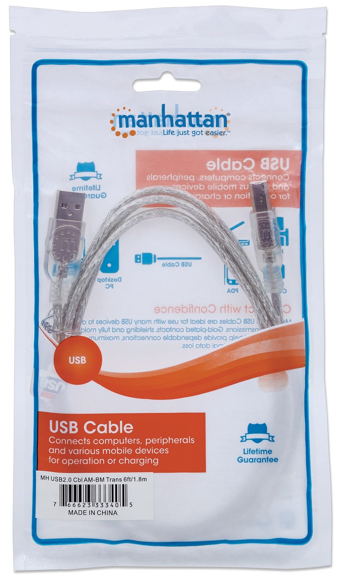 Cable Usb Manhattan 333405 Para Dispositivos B De Alta Velocidad Tipo Macho Color Plata.