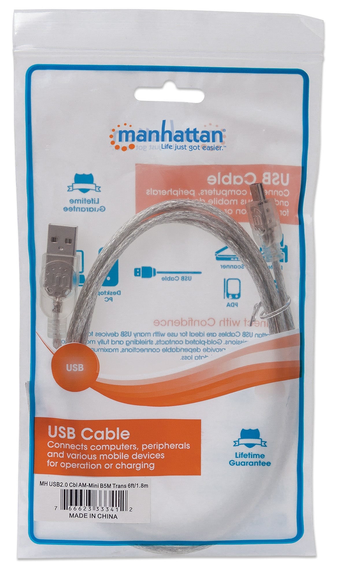 Cable Usb Manhattan 333412 2.0 A Macho Mini-B 480 Mbps 1.8 Plateado Translúcido