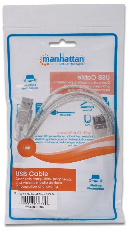 Cable Usb Manhattan 336314 Extensión 2.0 De Alta Velocidad 1.8M Color Plateado Translucido Velocidades Hasta 480 Mbps