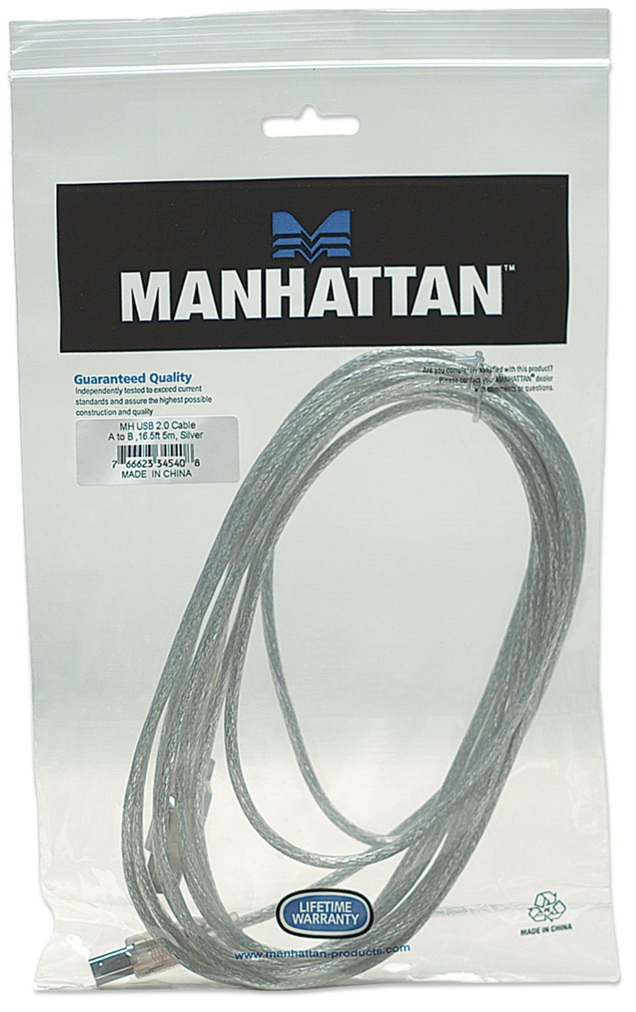 Cable Usb Manhattan 345408 Para Impresora Usb-A Usb-B De 5Mts Color Plateado Velocidades Hasta 480 Mbps.